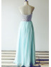 Silver Sequin Blue Chiffon Full Length Prom Dress